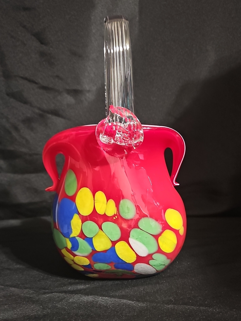Bright Red Multicolor Art Glass Pitcher Vase
